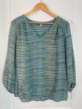 Daniel Rainn XL Zigzag print Turquoise V neck blouse Semi Sheer Long Sleeve
